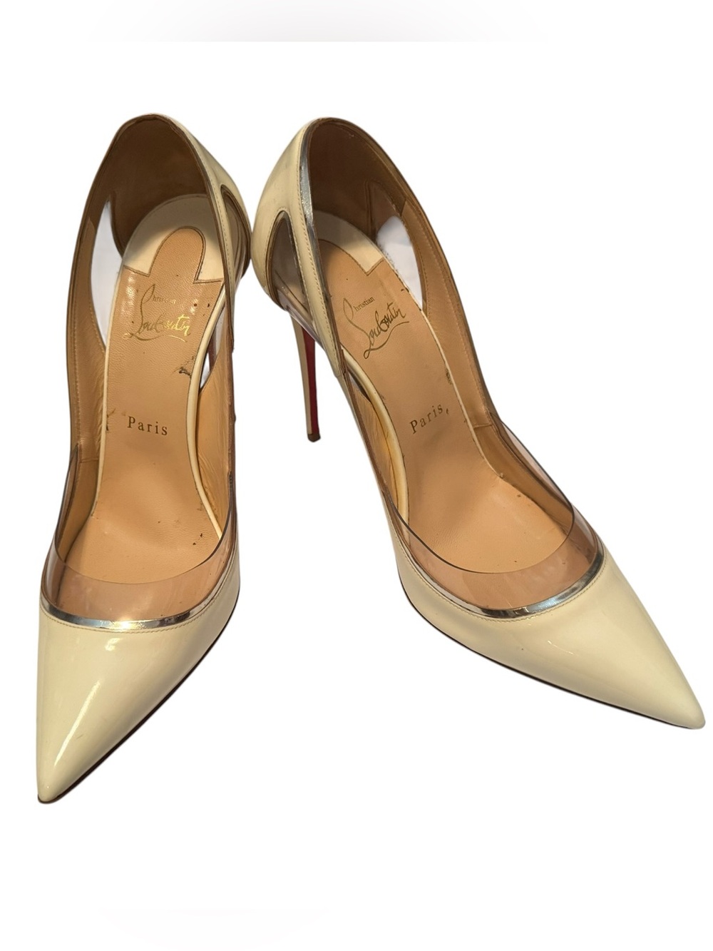 Christian Louboutin Women's Ivory Patent Pointed-Toe Pumps with Clear Panels